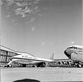 "Johannesburg, 1971. Jan Smuts airport. SAA Boeing 747 ZS-SAN 'Lebombo' with SAA Boeing 707 ...