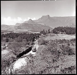 "Drakensberg, 1962. SAR Canadian Brill motor coach on country road."