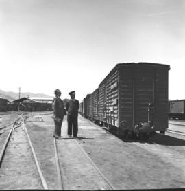 South-West Africa, January 1961. Two men in railway yard observing SAR narrow gauge fruit wagon T...