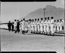 Cape Town, 17 February 1947. King George VI inspecting naval parade at Table Bay Harbour.