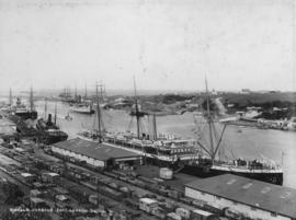 East London. View of Buffalo Harbour, goods sheds and railway lines.