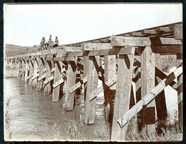 Natal. Trolley on wooden bridge constructed with timbers marked 'SAR' with sugar can fields on fa...