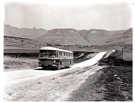 Drakensberg, 1967.  SAR Mercedes Benz tour bus No MT16949 on country road in Royal Natal National...