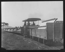 Dutton roadrail tractor with SAR open goods wagons Type 8-E-2.