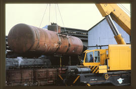 Johannesburg, 1990. Breakdown crane lifting tank for tanker wagon at Germiston.