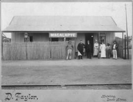 Magalapye, Bechuanaland. Staff at corrugated iron station building. (D Taylor, Mafeking)