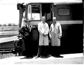 Heidelberg Transvaal, January 1966. Driver and assistant at railway station with SAR Class 5E1 No...