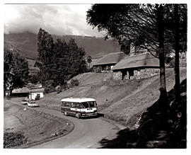 Drakensberg, 1966. SAR Leyland Olympic tour bus No MT16937 at mountain resort. See colour version...