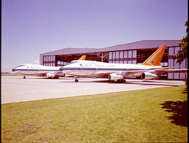 Johannesburg. Jan Smuts Airport. SAA Boeing 747SP ZS-SPA 'Matroosberg' and ZS-SPB outside hangar.