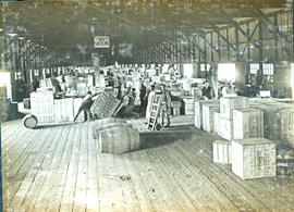 Johannesburg. Interior of warehouse at Kazerne with an assortment of goods and people with push c...