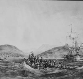 Port Elizabeth, 1820. Landing of 1820 settlers. (Reproduction)