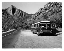 Montagu district, 1970. SAR Mercedes Benz tour bus No MT16379 in Cogmans Kloof.