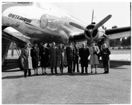 Johannesburg, July 1946. SAA Douglas DC-4 ZS-AUB 'Outeniqua' with crew and passengers. Note flyin...