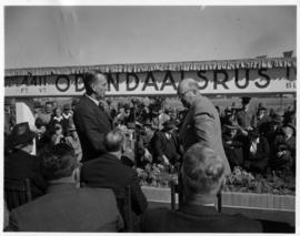 Odendaalsrus, 7 June 1948. Opening of new station. Sauer and Marshall Clark at microphone.