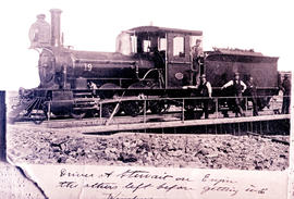 Kimberley, 28 November 1885. CGR 1st Class No 19 with Driver A Stewart, first locomotive to cross...