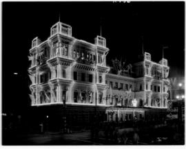 Cape Town, 21 February 1947. Old station in Adderley Street floodlit with decorative lights for d...