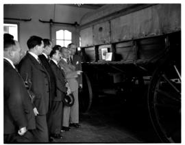 May 1948. Admiring ox-wagon in museum. Members of the flying boat demonstration flight by BOAC So...