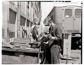 "Johannesburg, 1962. Apprentice welder with tutor at Road Transport Services workshops at La...
