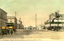 East London. Terminus Street with railway station in the distance. (Printed by Hallis & Co, P...