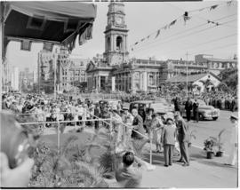 Durban, 22 March 1947. Royal party prepare to mount the dais at the city hall for the parade