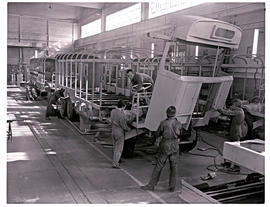 Johannesburg, 1975. Assembly of SAR motor coach bus body in Road Transport Services workshops at ...