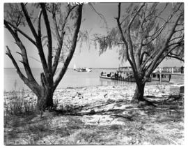 Vaal Dam, circa 1948. BOAC Solent flying boat G-AKCR 'Saint Andrew'. Aricraft and jetty viewed fr...