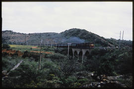 
Two diesel locomotives with passenger train on concrete arch bridge.
