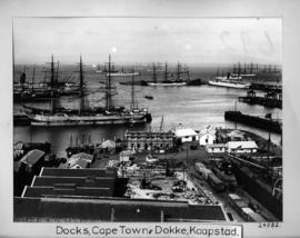 Cape Town. Table Bay Harbour and docks with many sailing vessels.