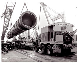 "Richards Bay, 1978. Abnormal load with SAR Pacific truck in harbour."