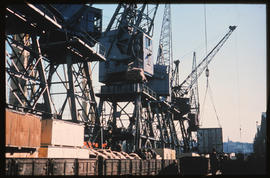 Port Elizabeth, September 1984. Harbour cranes in Port Elizabeth Harbour. [Z Crafford]