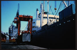 Durban, April 1975. Straddle carrier at container terminal in Durban Harbour. [JV Gilroy]