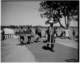 Livingstone, Northern Rhodesia, 11 April 1947. Dignitary and band (marimba and drum) on shore of ...