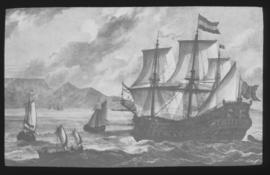 Cape Town, circa 1668. The Dutch East Indiaman "Africa" in Table Bay.