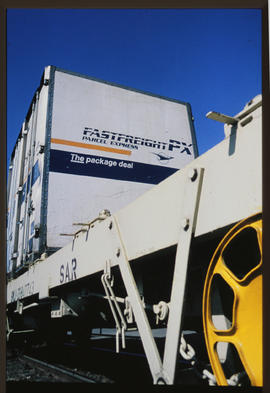 Johannesburg, 1987. Fastfreight containers on railway wagon at Kaserne.