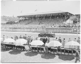 Durban, 22 March 1947. Royal family in open car driving into Greyville Race Course