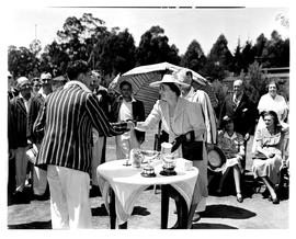 October 1949. Wife of Brigadier CM Hoffe presenting prizes for tennis.