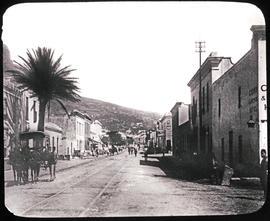 Cape Town, circa 1880. Street with tramlines before Crown & Anchor Hotel, the Palm Tree Mosqu...