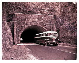 Paarl district, 1949. Canadian Brill luxury bus at Du Toitskloof pass tunnel.