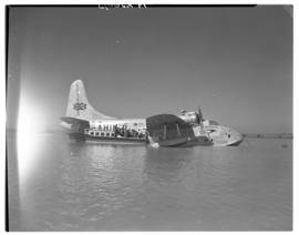 Vaal Dam, circa 1948. Arrival of BOAC Solent flying boat G-AHIN 'Southampton'. Aircraft on water.