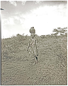 Zululand, 1950. Zulu woman walking down path with pot on head.