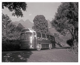 "Drakensberg, 1974. SAR MAN-Bussing MT60050 motor coach in the Cathedral Peak area."