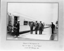Graaff-Reinet, 25 February 1947. Railway staff on platform in front of Royal Train coach R9 durin...