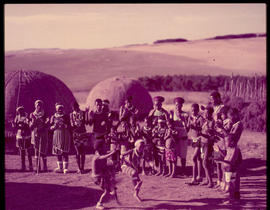 Melmoth district. Zulu children dancing in traditional village at Nkandla.