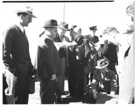 Vaal Dam, 1 May 1948. Passengers on jetty after arrival of the demonstration flight by BOAC Solen...
