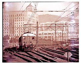 Cape Town, 1953. Suburban train leaving railway station.