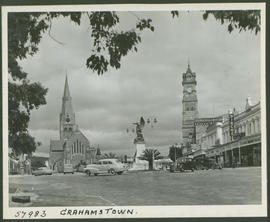 Grahamstown, 1951. Left tower part of the Anglican cathedral, right one part of City hall.