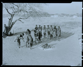 Etosha Game Park, Namibia, 1957. Haikum Bushmen doing porcupine dance at Okaukuejo.