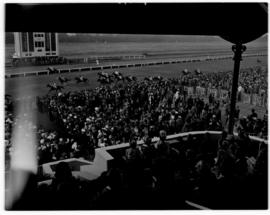 Johannesburg, 1 April 1947. Royal family at race course, horses racing past the grandstand.