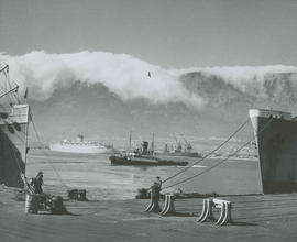 Cape Town, 1950. View over Table Bay harbour towards Table Mountain.