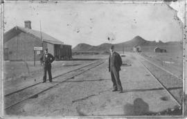 Biesiespoort, circa 1893. Stationmaster AI Mok on the left with assistant.